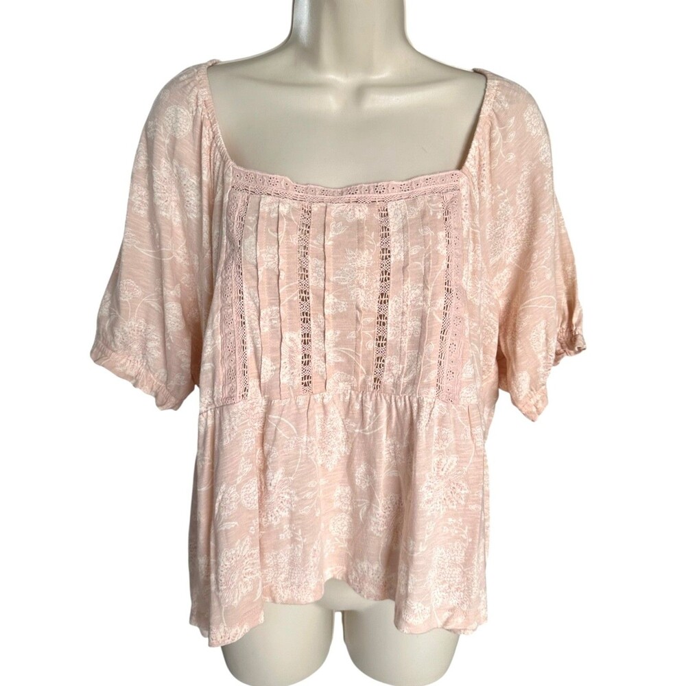 Lucky Brand Women's Peasant Blouse Top Short Sleeve 100%Cotton Sz XL Light Pink